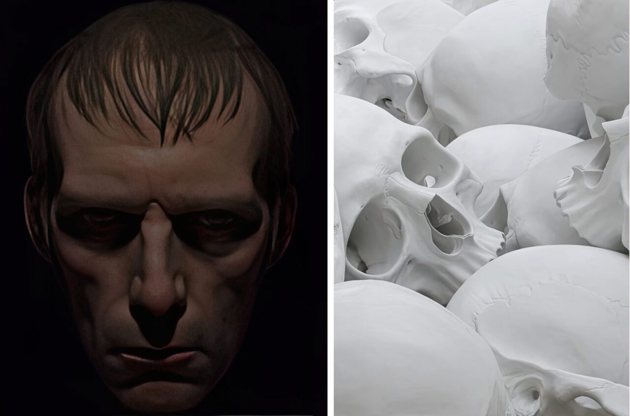 Left: Ron Mueck, Dark Place, 2018, mixed media, 140 × 90 × 75 cm. ZAMURight: Ron Mueck, Mass, 2016–2017, synthetic polymer paint on fibreglass, variable dimensions. National Gallery of Victoria, Melbourne. Felton Bequest, 2018
