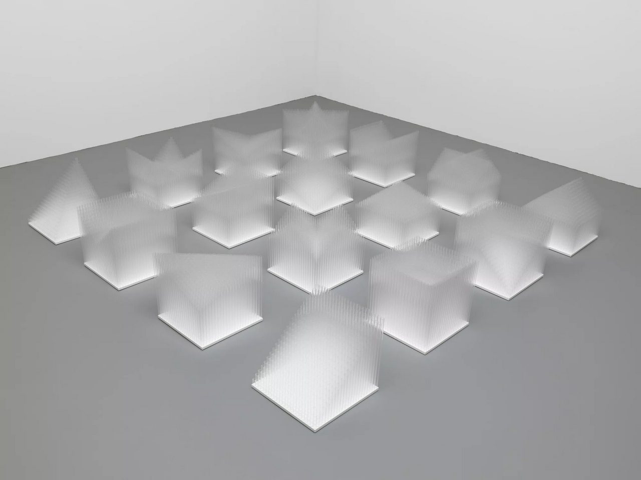 Tara Donovan, Untitled, 2017, plastic tubes on Corian base, 12-3/4" × 88-1/4" × 88-1/4" (32.4 cm × 224.2 cm × 224.2 cm), overall installed 12-3/4" × 12-3/4" (32.4 cm × 32.4 cm), 16 elements, each
