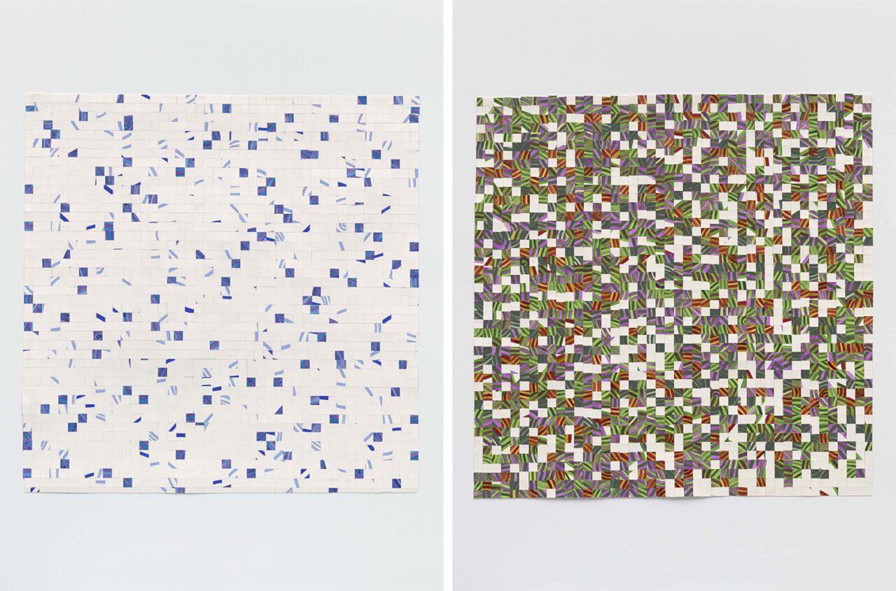 Left: Roni Horn, Spilras, 2023, Graphite and watercolor on Arches watercolor paper, 56,5 × 55,9 cm, © Roni Horn, Courtesy the artist and Galleria Raffaella Cortese Right: Roni Horn, Rispals, 2023, Graphite and watercolor on Arches watercolor paper, 55,5 × 55,9 cm; 63 × 62,5 × 4 cm framed, Courtesy the artist and Galleria Raffaella Cortese