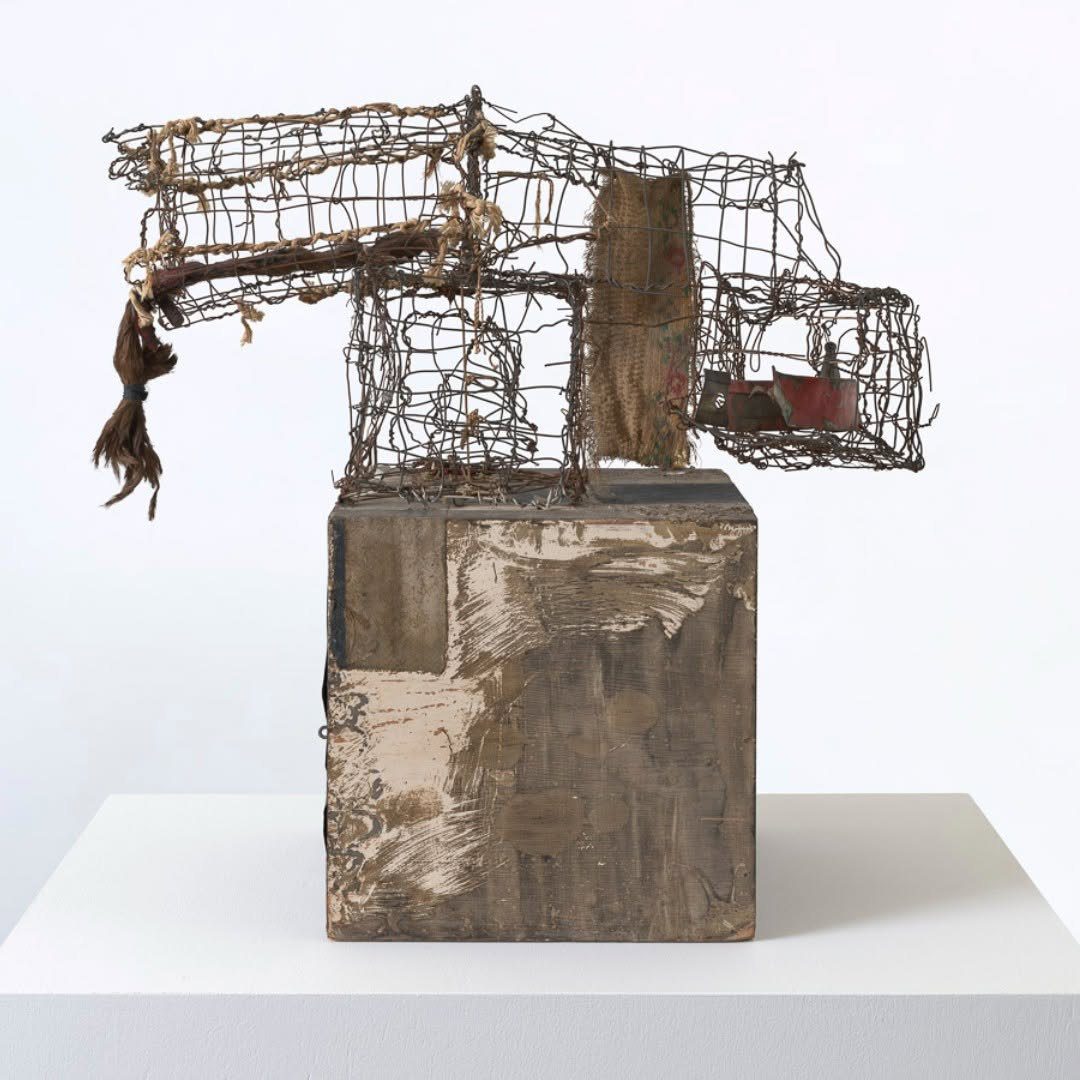 Robert Rauschenberg, “Three Traps for Medea”, 1959, Combine: oil, paper, fabric, metal, and glass bottle on wood with fabric, metal, string, hair, and plumb bob on wire, 24 1/8 x 25 1/8 x 16 inches, (61.3 x 63.8 x 40.5 cm) , © Robert Rauschenberg Foundation
