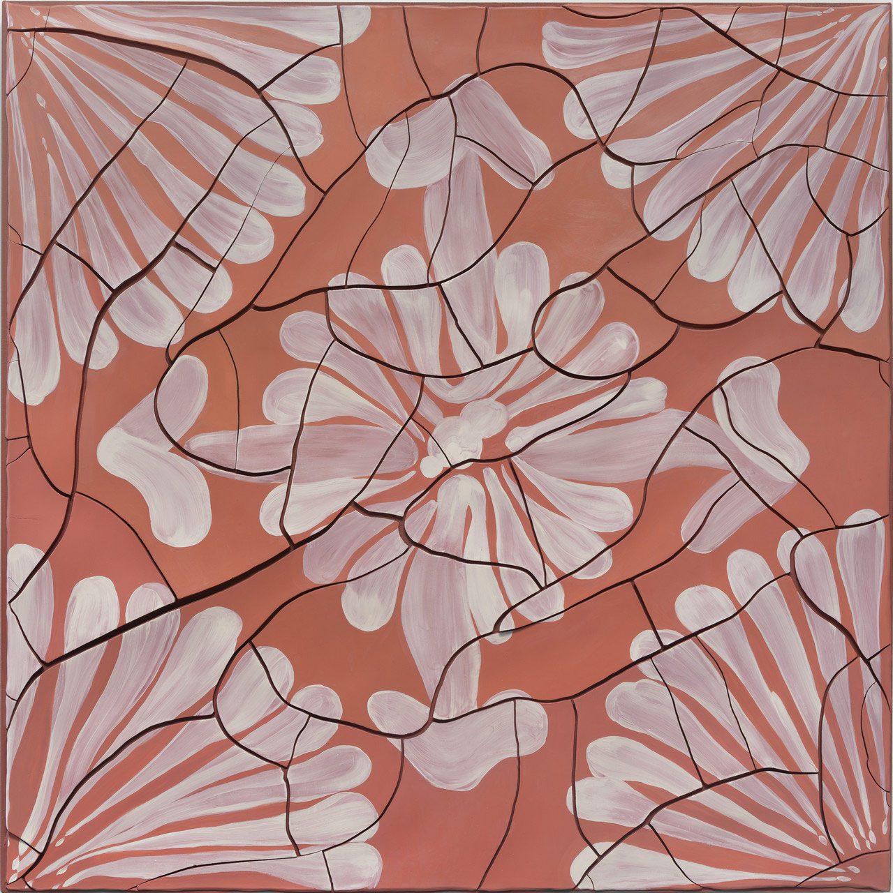 Adriana Varejão, Maragogipinho Setas, 2025, Oil and plaster on canvas, 64 5/8 x 64 5/8 inches (164 x 164 cm)