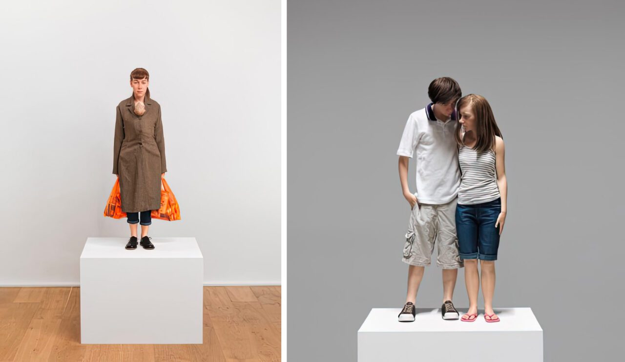 Left: Ron Mueck, Woman with Shopping, 2013, mixed media, 113 x 46 x 30 cm. Collection Thaddeus Ropac Right: Ron Mueck, Young Couple, 2013, mixed media, 89 × 43 × 23 cm. YAGEO Foundation Collection