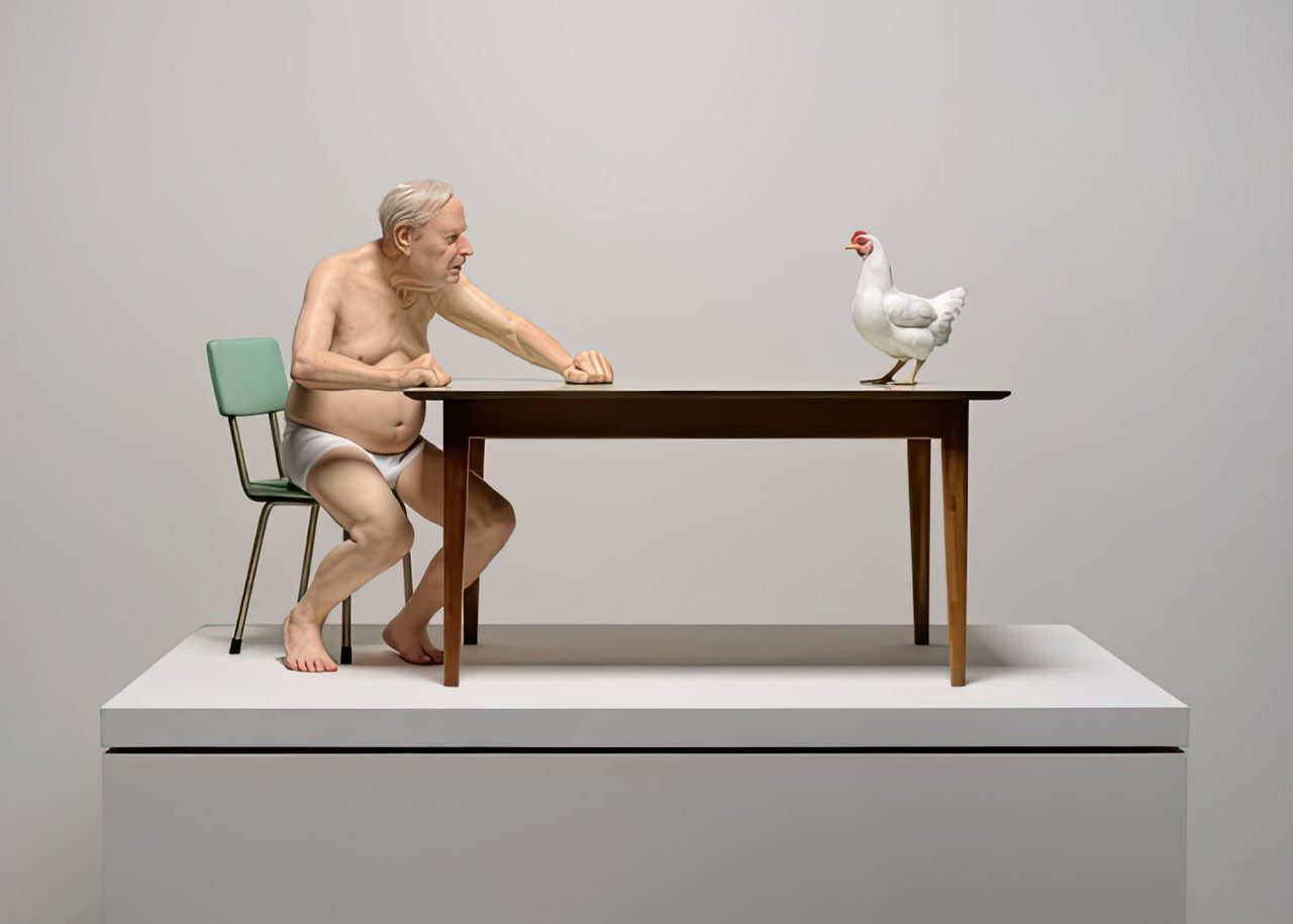 Ron Mueck, chicken / man, 2019, mixed media, 86 × 140 × 80 cm. Collection of Christchurch Art Gallery Te Puna o Waiwhetū, Aotearoa New Zealand