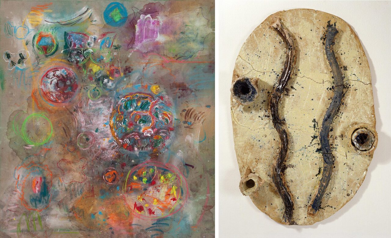 Left: Norbert Prangenberg, Bild 01.02.2004, 2004, Pigment and pastel on canvas, 200 x 180 cm (78 3/4 x 70 3/4 in), Courtesy Galerie Karsten GreveRight: Norbert Prangenberg, Figur, 1988, Terracotta, glazed, 165 x 112 x 22 cm (65 x 44 x 8 2/3 in), Verso signed, dated and inscribed: Norbert Prangenberg, 1988, Oedt, Courtesy Galerie Karsten Greve