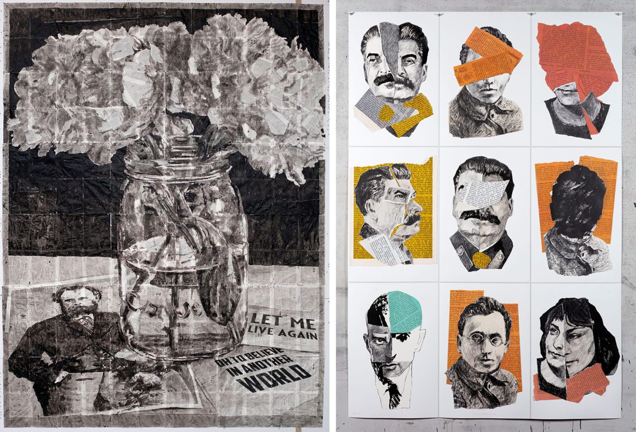 Left: William Kentridge, Oh to Believe in Another World, 2022, Indian ink and pencil on found paper, 344 x 260 cm, © William Kentridge. All Rights Reserved, DACS 2024, Courtesy the artist, Goodman Gallery and Hauser & WirthRight: William Kentridge, Portraits for Shostakovich Symphony No. 10 in E Minor, Opus 93 (III), 2022, Lithograph on Zerkall on BFK Rives 270 on 100% cotton cloth, Edition of 20, 165.4 x 111.5 cm, © William Kentridge. All Rights Reserved, DACS 2024, Courtesy the artist, Goodman Gallery and Hauser & Wirth