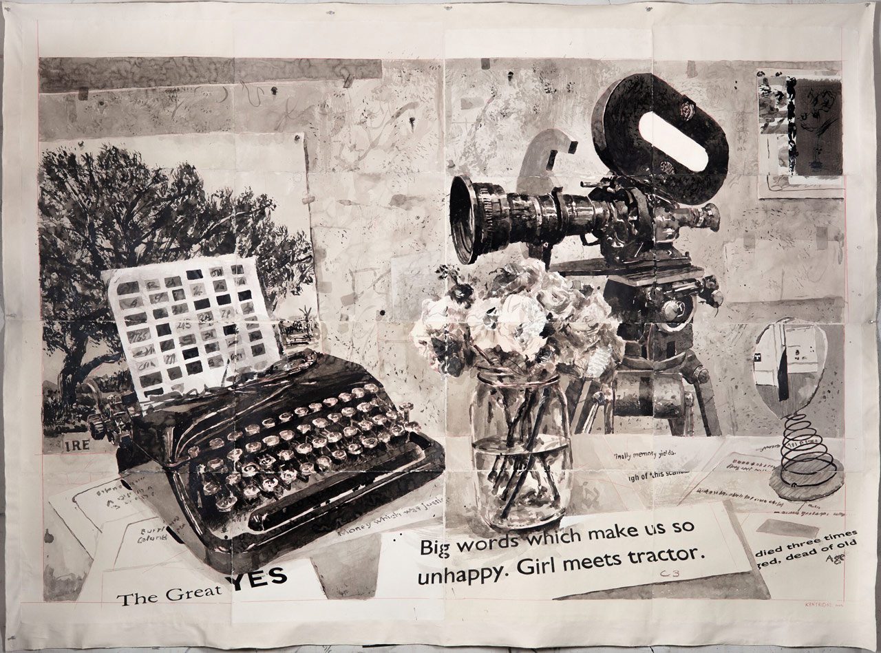 William Kentridge, The Great Yes (Studio Still Life), 2022, Indian ink and pencil on Phumani handmade paper, 181 x 221 cm, © William Kentridge. All Rights Reserved, DACS 2024, Courtesy the artist, Goodman Gallery and Hauser & Wirth