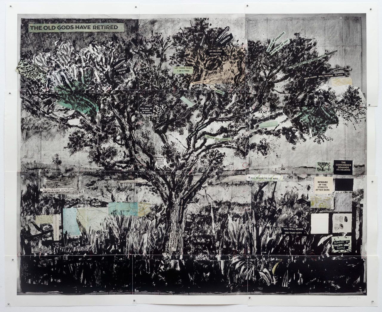 William Kentridge, The Old Gods Have Retired, 2022, Photogravure, sugarlift aquatint, direct gravure, drypoint, hand-painting, Chine collé and collage on Hahnemühle, Natural White 300, Edition of 20, 174.5 x 214.7 cm , © William Kentridge. All Rights Reserved, DACS 2024, Courtesy the artist, Goodman Gallery and Hauser & Wirth