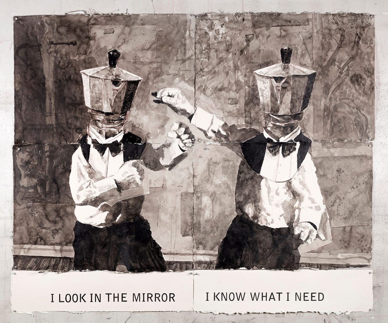 William Kentridge, Drawing for Self-Portrait as a Coffee-Pot (I Look in the Mirror, I Know What I Need), 2020, Tempera paint, charcoal, pastel, coloured pencil, dry pigment and collage on paper, 250 x 212 cm / 98 3/8 x 83 1/2 in, Photo: Thys Dullaart, © William Kentridge. All Rights Reserved, DACS 2024, Courtesy the artist, Goodman Gallery and Hauser & Wirth
