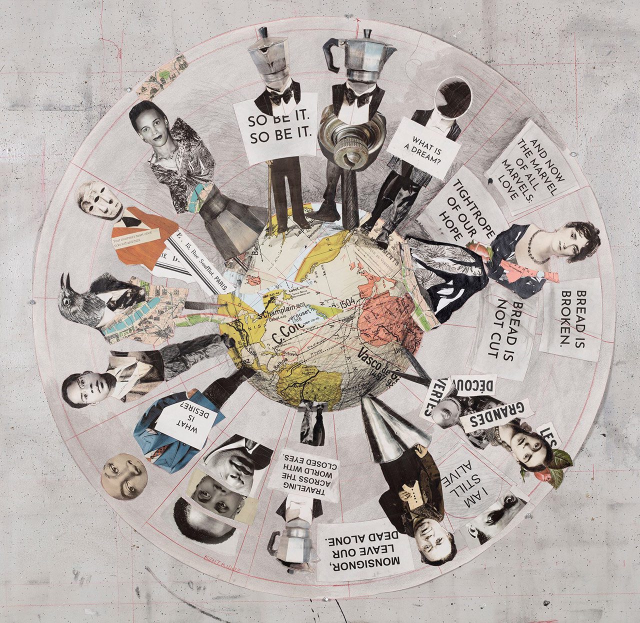 William Kentridge, Tightrope of Our Hope, 2023, Charcoal, coloured pencil, digital print, collage and Indian ink on paper, 124 cm diameter, © William Kentridge. All Rights Reserved, DACS 2024, Courtesy the artist, Goodman Gallery and Hauser & Wirth