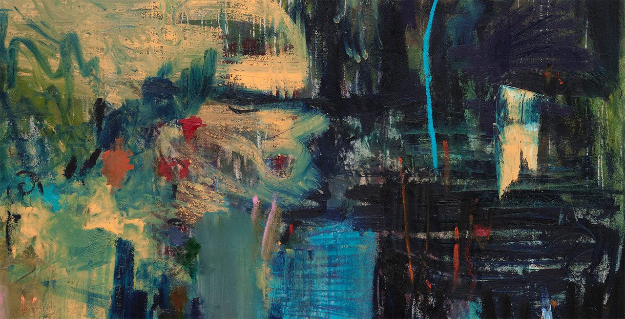 Megan Rooney, Insomnia of the Rider, 2025 (detail). Acrylic, oil, pastel and oil stick on canvas. 199.6 x 152.3 cm (78.58 x 59.96 in), © Megan Rooney, Courtesy the artist and Thaddaeus Ropac Gallery