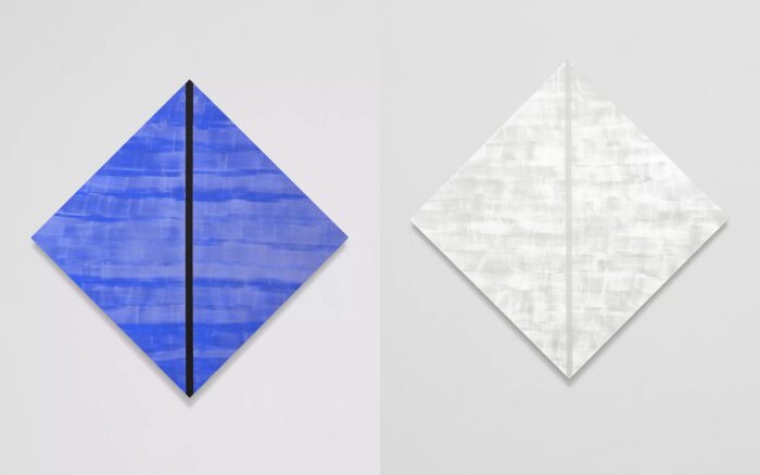 Photo left: Mary Corse, Untitled (Blue Diamond with Black Inner Band), 2024, Glass microspheres in acrylic on canvas, 233.7 x 233.7 x 10.2 cm, © Mary Corse, Courtesy the artist and Pace Gallery. Photo right: Mary Corse, Untitled (White Diamond with White Inner Band), 2024, Glass microspheres in acrylic on canvas, 280.7 x 280.7 x 9.5 cm, © Mary Corse, Courtesy the artist and Pace Gallery