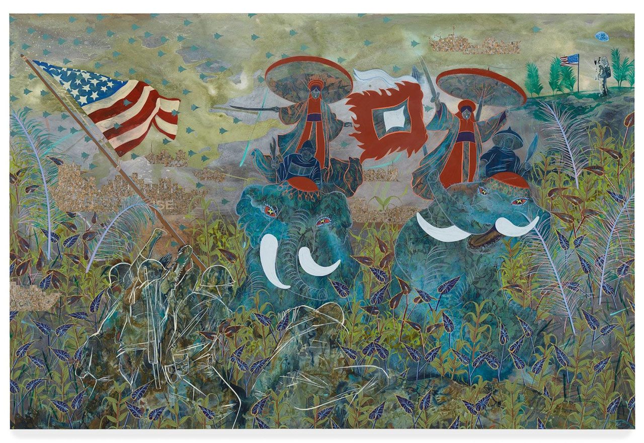 Tammy Nguyen, Anno Domini 40, 1945, 1969, 2022, Watercolor, vinyl paint, pastel, and metal leaf on paper stretched over panel, 72 x 108 inches, Photo by Chris Gardner, © Tammy Nguyen, Courtesy the artist and Lehman Maupin Gallery