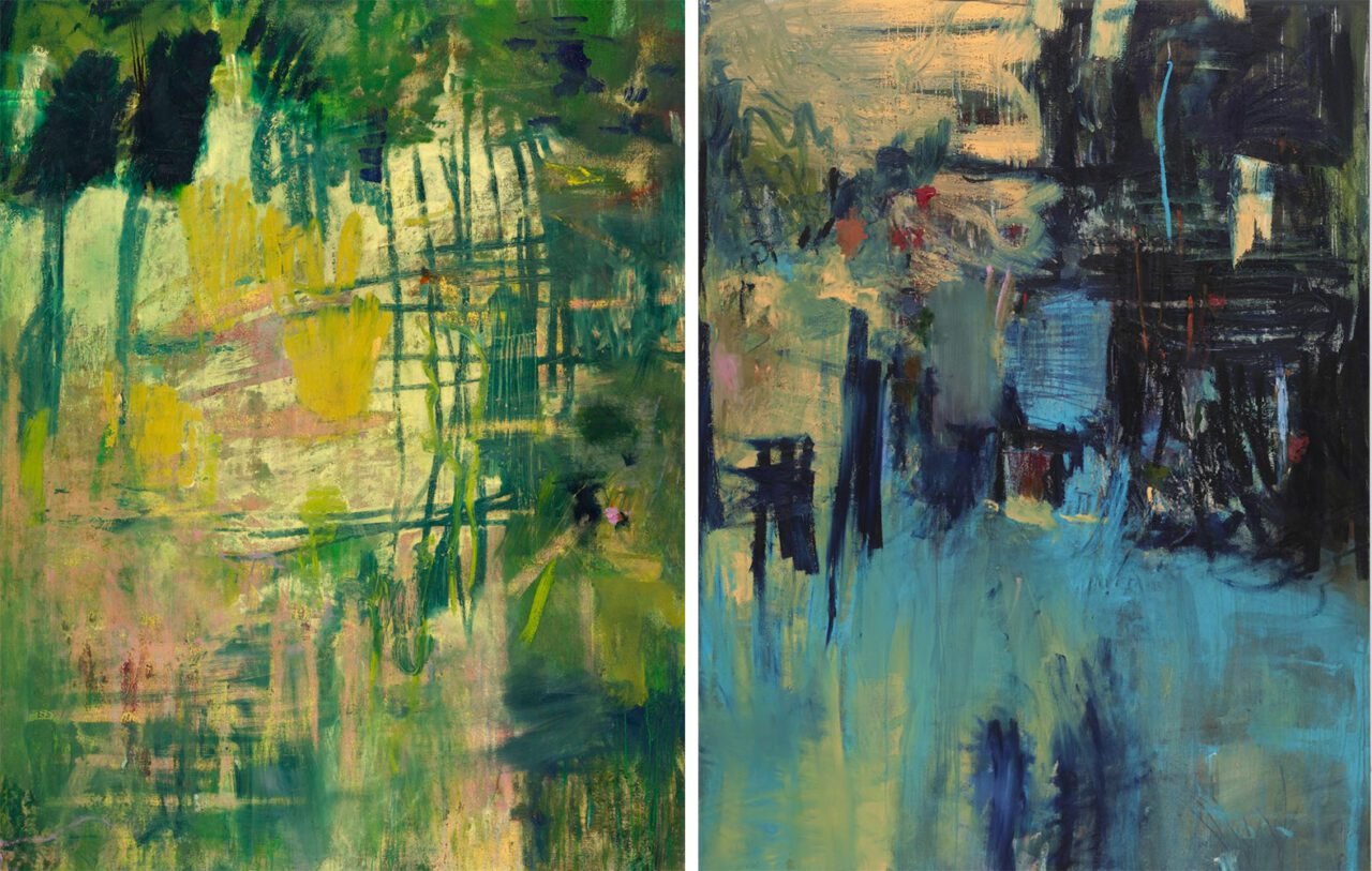 Left: Megan Rooney, Taste of Wind, 2025. Acrylic, oil, pastel and oil stick on canvas. 199.6 x 152.3 cm (78.58 x 59.96 in), © Megan Rooney, Courtesy the artist and Thaddaeus Ropac GalleryRight: Megan Rooney, Insomnia of the Rider, 2025. Acrylic, oil, pastel and oil stick on canvas. 199.6 x 152.3 cm (78.58 x 59.96 in), © Megan Rooney, Courtesy the artist and Thaddaeus Ropac Gallery