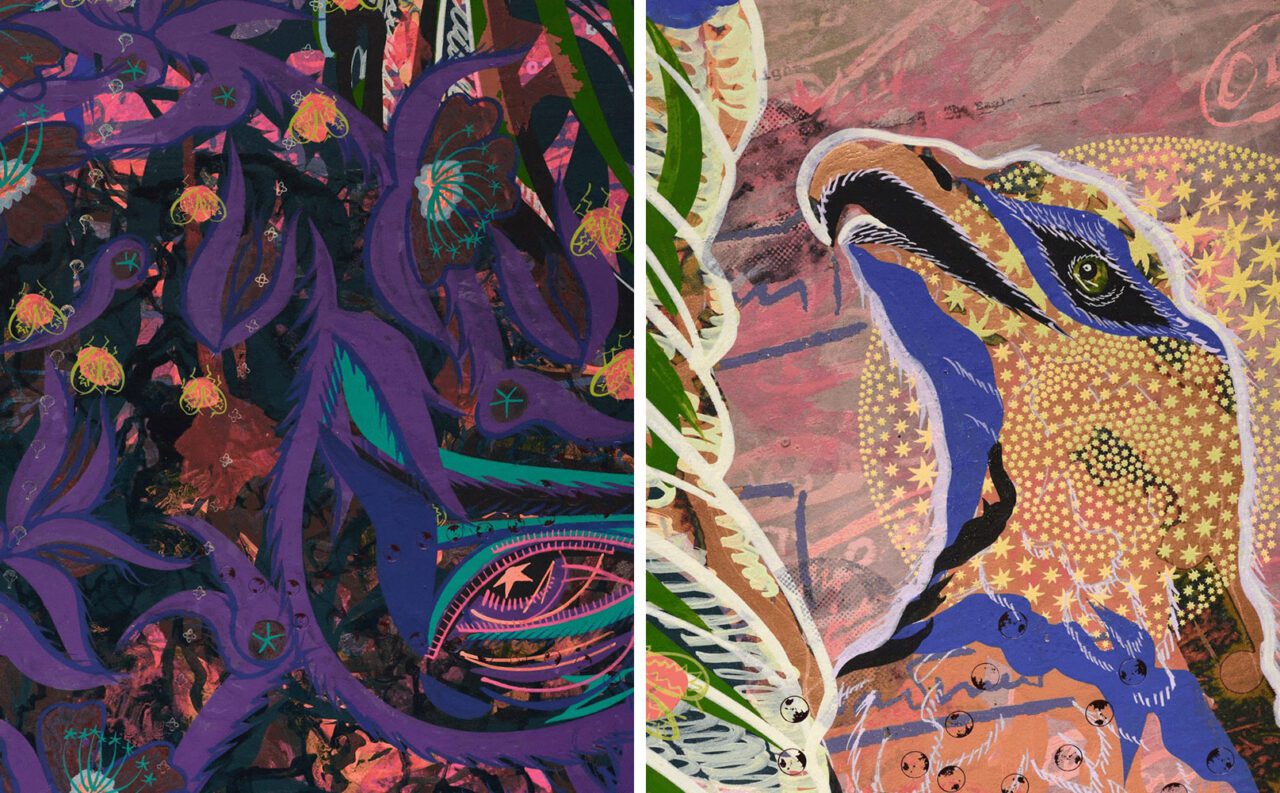Left & Right: Tammy Nguyen, From the First Hour to the One after the Sun (detail), 2025, Watercolor, vinyl paint, pastel, silkscreen printing, rubber stamping, hot stamping, and metal leaf on paper stretched over wood and gator board panel, 70 x 48 x 2 inches, 177.8 x 121.9 x 5.1 cm, © Tammy Nguyen, Courtesy the artist and Lehman Maupin Gallery