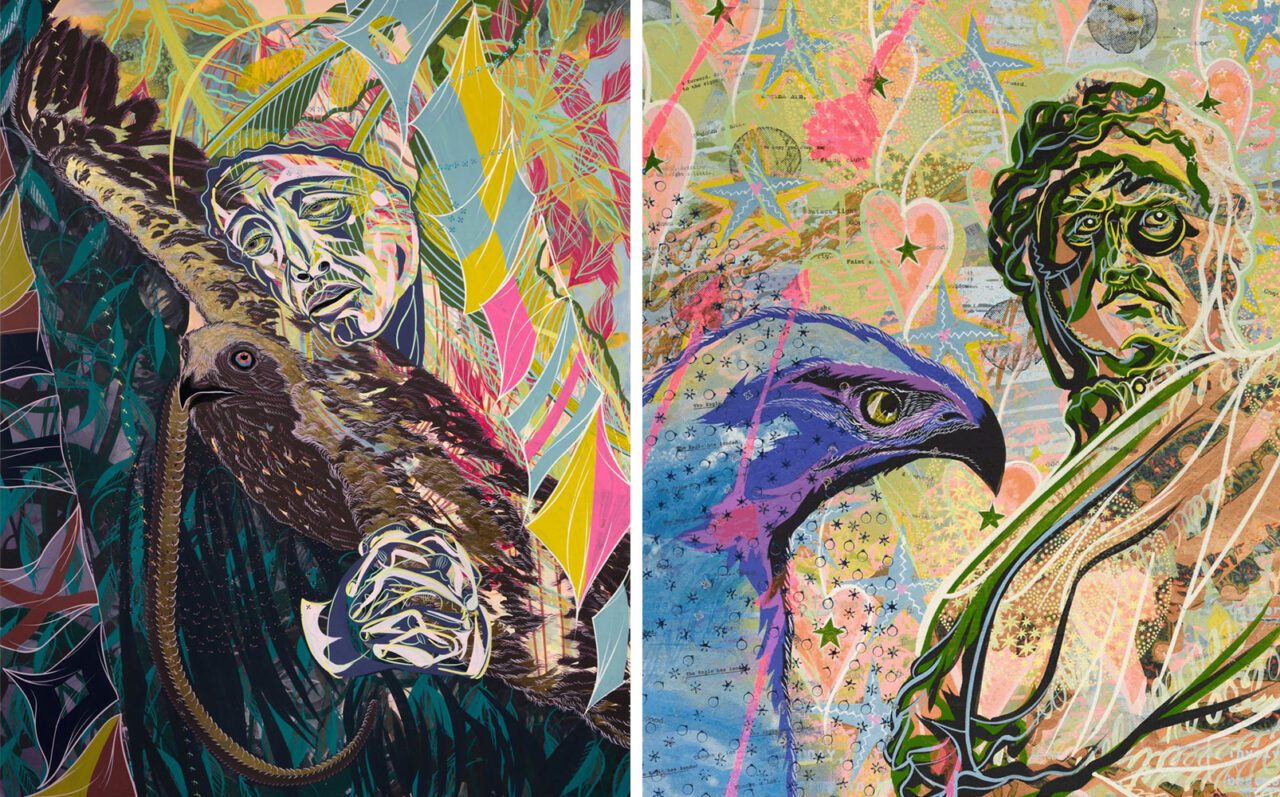 Left & Right: Tammy Nguyen, Echo, Charlie Prayed the Pious Woman, 2024, Watercolor, vinyl paint, pastel, silkscreen printing, rubber stamping, hot stamping, and metal leaf on paper stretched over wood and gator board panel, 57 x 44 inches, 144.8 x 111.8 cm, © Tammy Nguyen, Courtesy the artist and Lehman Maupin GalleryRight: Tammy Nguyen, From the First Hour to the One after the Sun (detail), 2025, Watercolor, vinyl paint, pastel, silkscreen printing, rubber stamping, hot stamping, and metal leaf on paper stretched over wood and gator board panel, 70 x 48 x 2 inches, 177.8 x 121.9 x 5.1 cm, © Tammy Nguyen, Courtesy the artist and Lehman Maupin Gallery