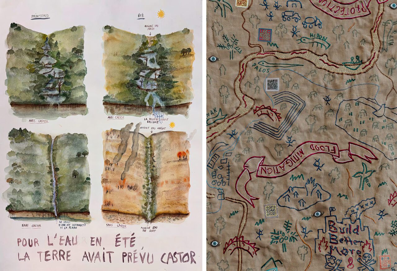 Left : Suzanne Husky, Restoring the Beaver Effect, , Courtesy Galerie Alain GutharcRight: Cian Dayrit, To Block the Flow of a River Is to Reject the Wisdom of the Earth, 2022. Photo © John McKenzie, Courtesy – Cian Dayrit & NOME Gallery Left : Suzanne Husky, Restoring the Beaver Effect, , Courtesy Galerie Alain Gutharc Right: Cian Dayrit, To Block the Flow of a River Is to Reject the Wisdom of the Earth, 2022. Photo © John McKenzie, Courtesy – Cian Dayrit & NOME Gallery