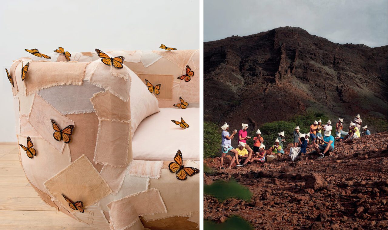Left: Fernando Laposse, Daybed with Monarch Butterflies, © Fernando LaposseRight: Neve Insular, 100% Cotton, 2020. Neve Insular, Photo © Diogo Bento