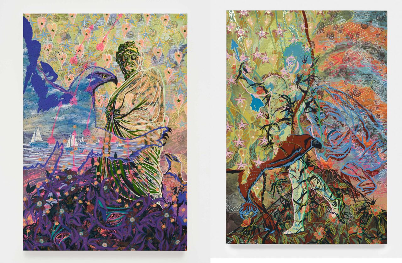 Left & Right: Tammy Nguyen, From the First Hour to the One after the Sun, 2025, Watercolor, vinyl paint, pastel, silkscreen printing, rubber stamping, hot stamping, and metal leaf on paper stretched over wood and gator board panel, 70 x 48 x 2 inches, 177.8 x 121.9 x 5.1 cm, © Tammy Nguyen, Courtesy the artist and Lehman Maupin Gallery Right: Tammy Nguyen, O Good Apollo, 2025, Watercolor, vinyl paint, pastel, silkscreen printing, rubber stamping, hot stamping, and metal leaf on paper stretched over wood and gator board panel, 70 x 48 x 2 inches, 177.8 x 121.9 x 5.1 cm, © Tammy Nguyen, Courtesy the artist and Lehman Maupin Gallery