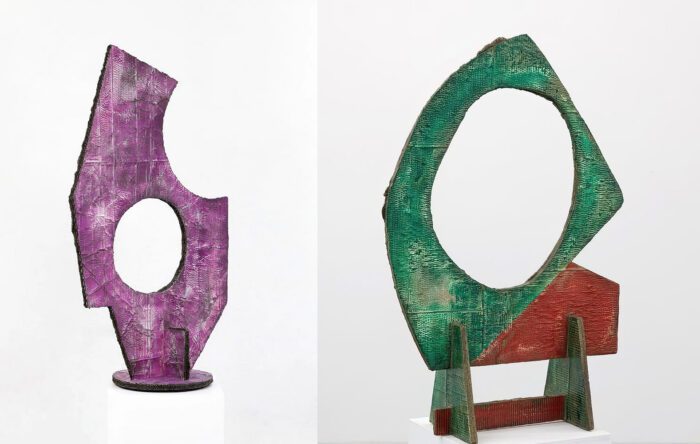 Left: Benjamin Sabatier, HW (Purple), 2025, Reinforced concrete, acrylic paint and varnish, 148 x 92,5 x 44,5 cm, © Benjamin Sabatier, Courtesy the artist and Xippas Gallery Right: Home Work (green & red), 2021, Reinforced concrete, acrylic paint and varnish, 125 x 88 x 35 cm, © Benjamin Sabatier, Courtesy the artist and Xippas Gallery