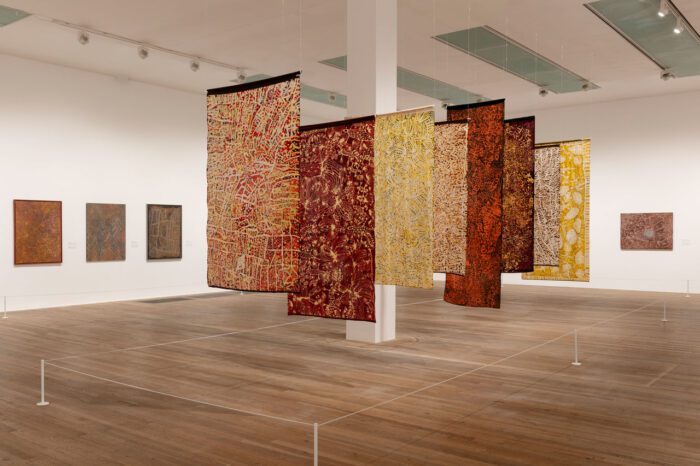 Emily Kam Kngwarray, installation view at Tate Modern 2025. © Emily Kam Kngwarray,  Copyright Agency. Licensed by DACS 2025. Photo © Tate (Kathleen Arundell)