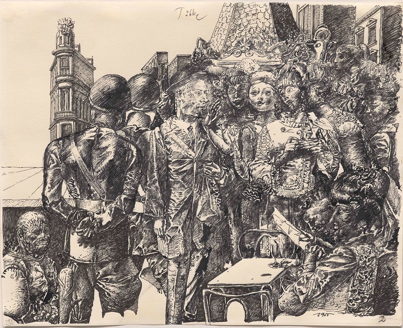 Werner Tübke, Street in Brussels (with Self-Portrait), 1965 Indian ink on wove paper, 227 x 278 mm, Städel Museum, Frankfurt am Main © VG Bild-Kunst, Bonn, 2025