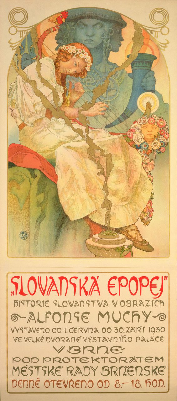 Alphonse Mucha, The Slav Epic: Poster for the Exhibition in Brno, 1928–1930, Colour lithograph (top half of the poster), 149 × 101 cm, © Mucha Trust 2024