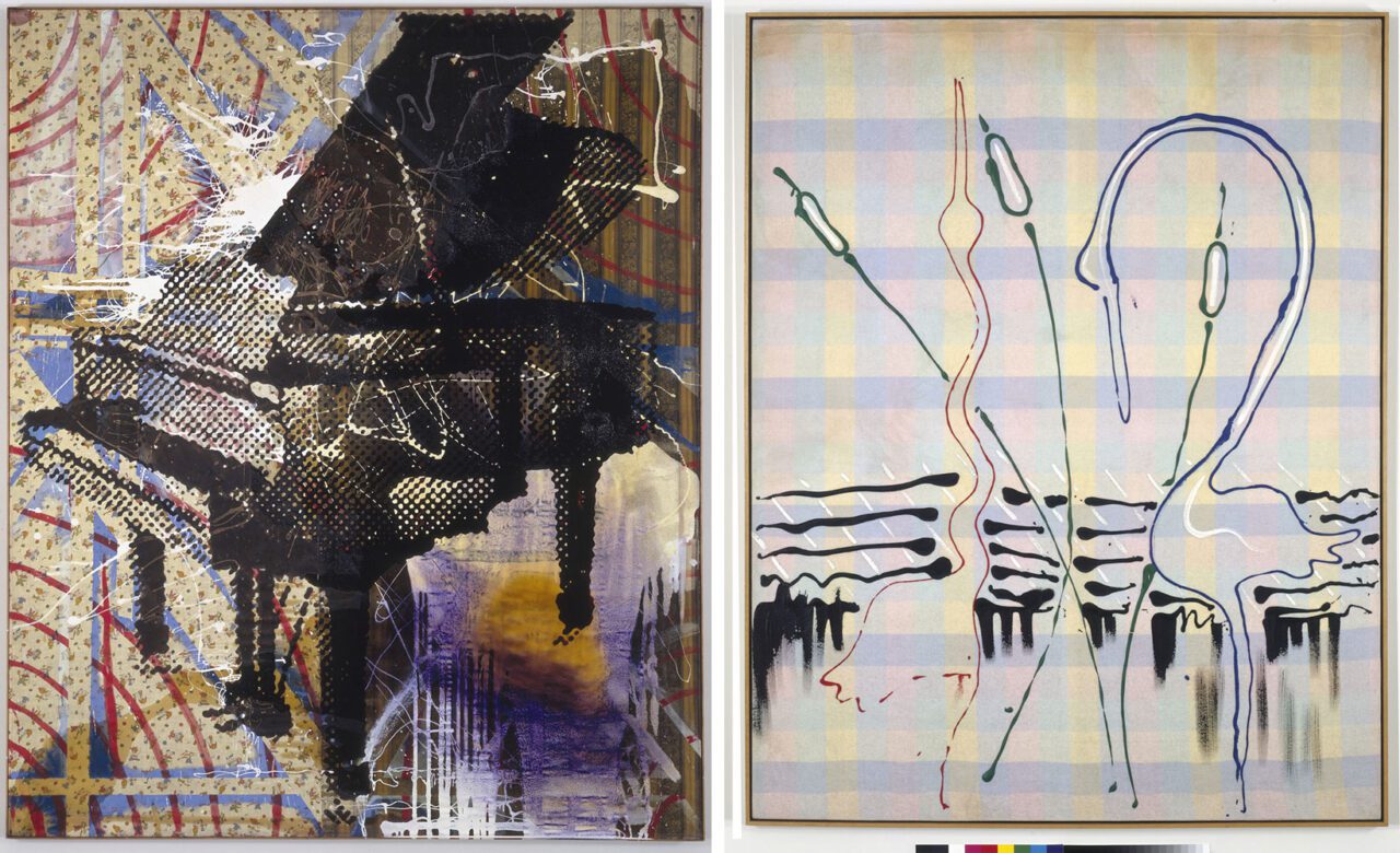 Left: Sigmar Polke, Klavier (Piano), 1982-1986, Artificial resin, pigment and lacquer on fabric, 180.5 × 150.5 cm, Private collection, © The Estate of Sigmar Polke, Cologne / Adagp, Paris, 2025 Right: Sigmar Polke, Reiherbild II (Picture of Herons II), 1968 Dispersion on patterned flannel, 190 × 150 cm, Private collection © The Estate of SigmarPolke, Cologne / Adagp, Paris, 2025