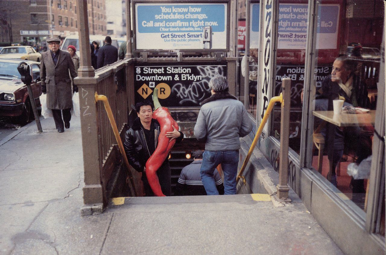 Ming Fay, Ming Fay at NYC Subway Station with Pepper, 1984. Photograph. Private Collection