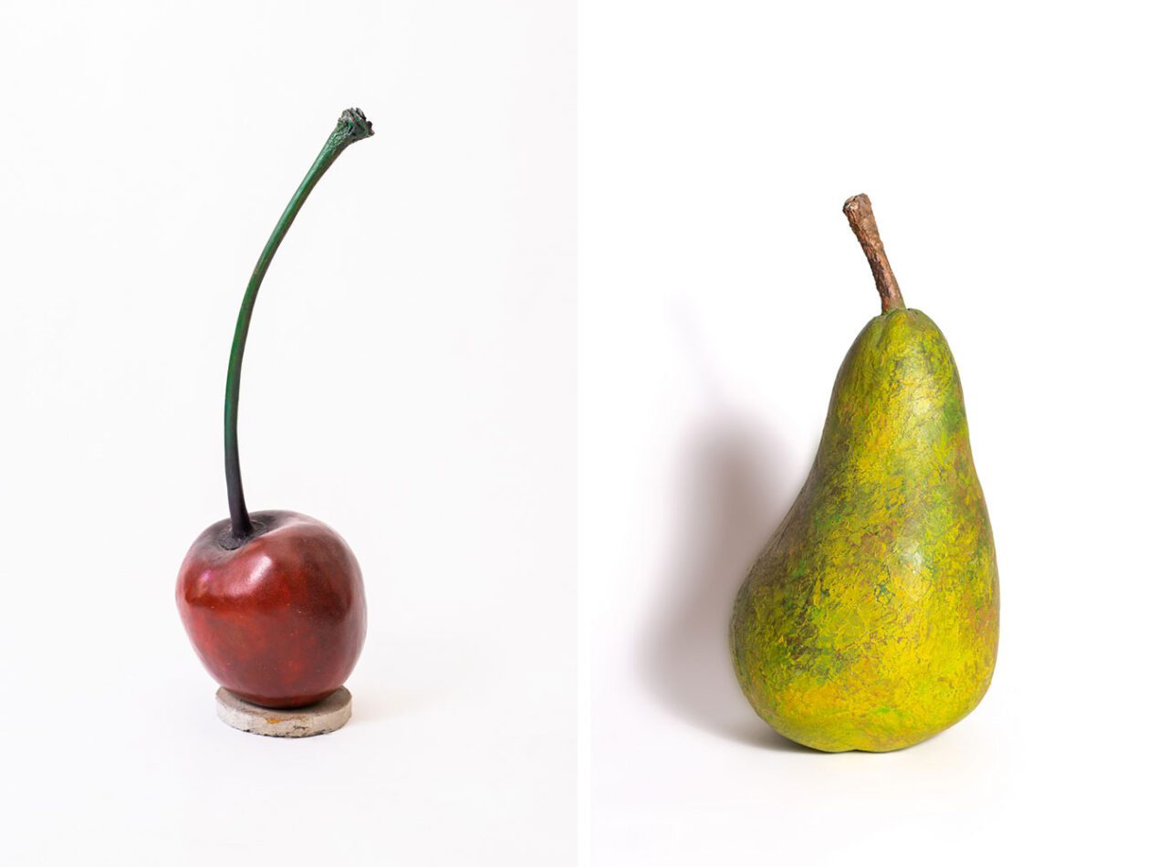 Left: Ming Fay, Cherry, 1990s. Bronze. Private CollectionRight: Ming Fay, Green Pear 8, 1990s. Mixed Media. Private Collection