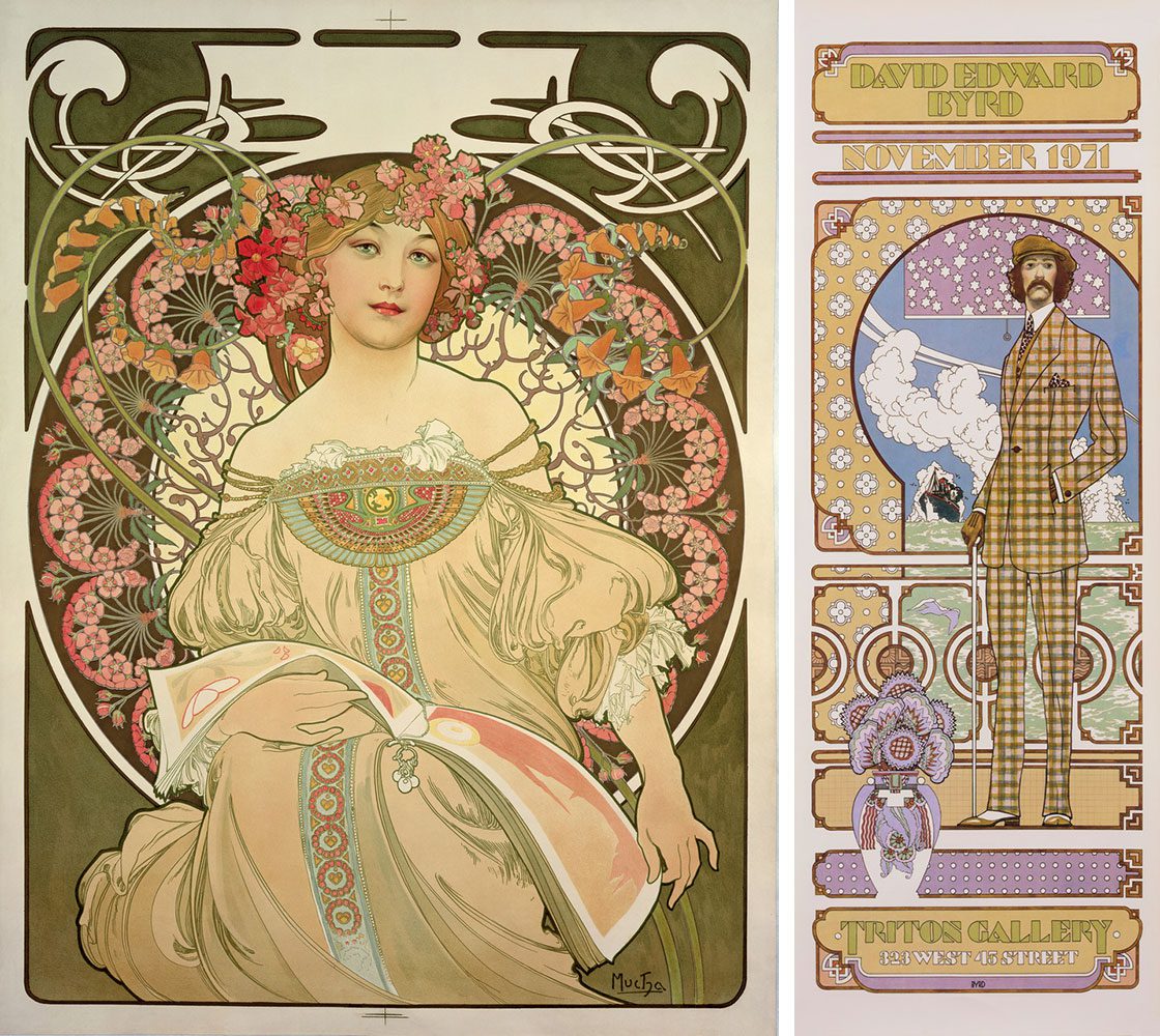 Left: Alphonse Mucha, Rêverie, 1897-98, © Mucha Trust 2024Right; David Byrd: David Edward Byrd at Triton Gallery, 1971. Offset lithograph, David Edward Byrd at Triton Gallery, Courtesy of David Edward Byrd