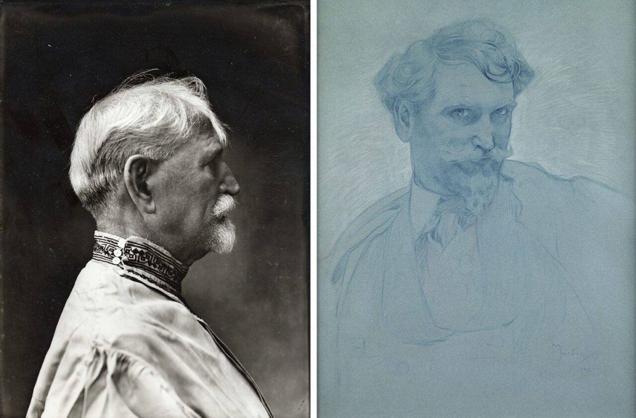 Left: Alphonse Mucha, Self portrait Prague, c 1937, © Mucha Trust 2024Right; Alphonse Mucha, Self-portrait, 1907, © Mucha Trust 2024
