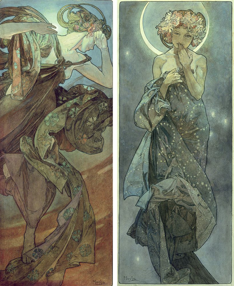 Left: Alphonse Mucha, The Moon and the Stars - Study for The Evening Star, 1902, © Mucha Trust 2024Right; Alphonse Mucha, The Moon and the Stars - Study for The Moon, 1902, © Mucha Trust 2024