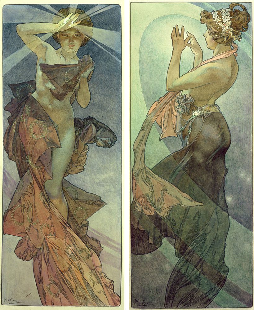 Left: Alphonse Mucha, The Moon and the Stars - Study for The Morning Star, 1902, © Mucha Trust 2024Right; Alphonse Mucha, The Moon and the Stars - study for The Pole Star, 1902, © Mucha Trust 2024