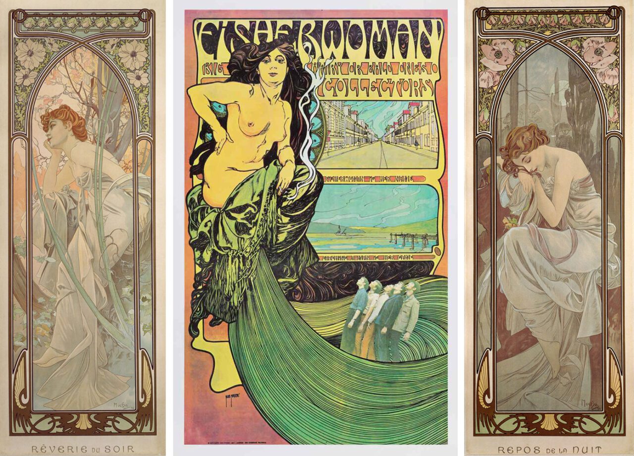 Left: Alphonse Mucha, The Times of the Day Evening Contemplation, 1899, © Mucha Trust 2024Center; Bob Masse: Fisherwoman - promotional poster for the Collectors, 1967 Offset lithograph, 60.5 x 37, Fisherwoman, courtesy of Bob Masse Studios Right; Alphonse Mucha, The Times of the Day Night’s Rest, 1899, © Mucha Trust 2024