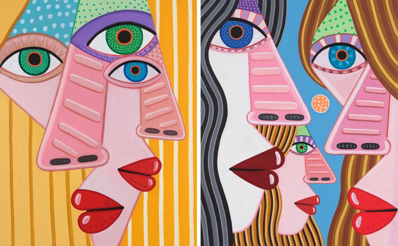Left: Brian Calvin, Familiar Faces, 2025, Acrylic on canvas, 152.4 x 121.9 cm, 60 x 48 in, © Brian Calvin, Courtesy the artist and Almine Rech GalleryRight: Brian Calvin, Downtown Sun, 2025, Acrylic on canvas, 152.4 x 121.9 cm, 60 x 48 in, © Brian Calvin, Courtesy the artist and Almine Rech Gallery