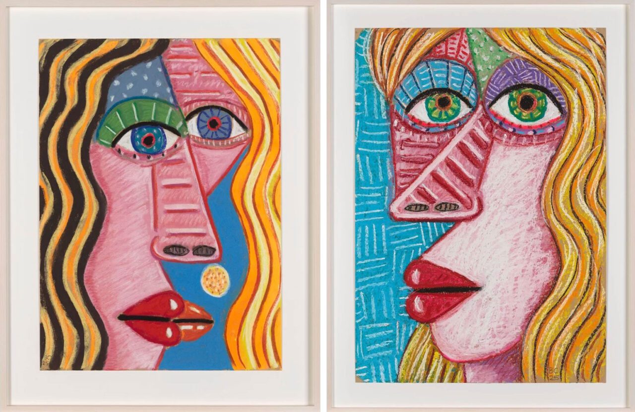 Left: Brian Calvin, Summer Sun, 2025, Pastel on pastel card, 40 x 29.8 cm, 16 x 11 1/2 in (unframed), 49.5 x 39.5 cm, 19.5 x 15 1/2 in (framed), © Brian Calvin, Courtesy the artist and Almine Rech GalleryRight: Brian Calvin, Distant Cousin, 2025, Pastel on paper, 59.5 x 42 cm, 23 1/2 x 16 1/2 in (unframed), 69 x 51.5 cm, 27 x 20 in (framed), © Brian Calvin, Courtesy the artist and Almine Rech Gallery