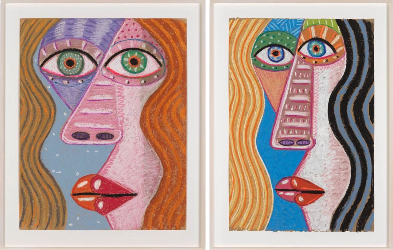 Left: Brian Calvin, Stars, 2024, Pastel on paper, 53.5 x 42 cm, 21 x 16 1/2 in (unframed), 63 x 51.5 cm, 24 1/2 x 20 in (framed), © Brian Calvin, Courtesy the artist and Almine Rech Gallery Right: Brian Calvin, Good Evening, 2024, Pastel on pastel card, 56 x 38 cm, 22 x 15 in (unframed), 66 x 48 cm, 26 x 18 1/2 in (framed), © Brian Calvin, Courtesy the artist and Almine Rech Gallery