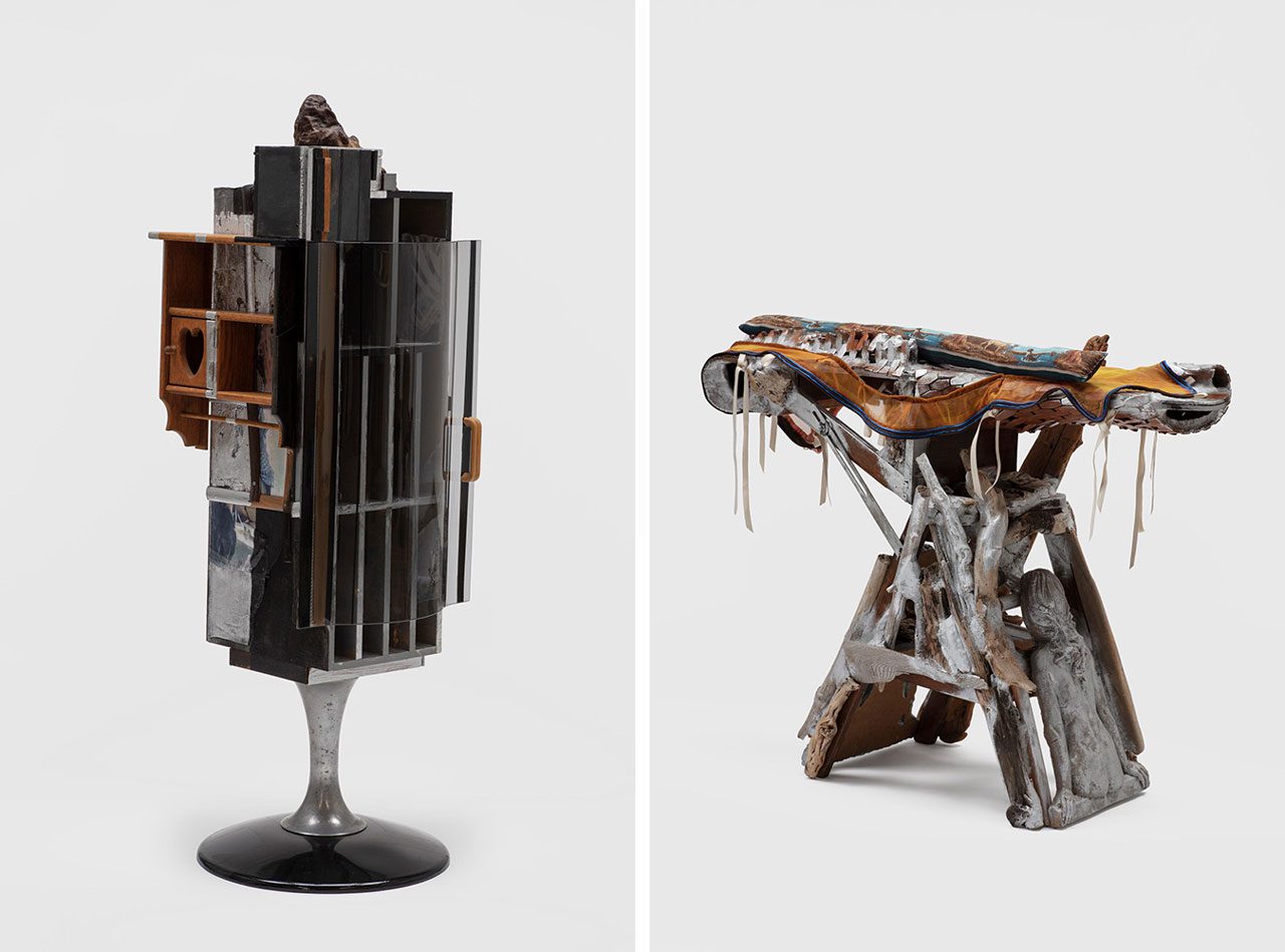 Left: Jessi Reaves, Mailbox looking back at the house, 2025. Courtesy the artist and Bridget Donahue, New York; photo: GC PhotographyRight: Jessi Reaves, My eyes are down here (bachelors stool), 2025. Courtesy the artist and Bridget Donahue, New York; photo: GC Photography