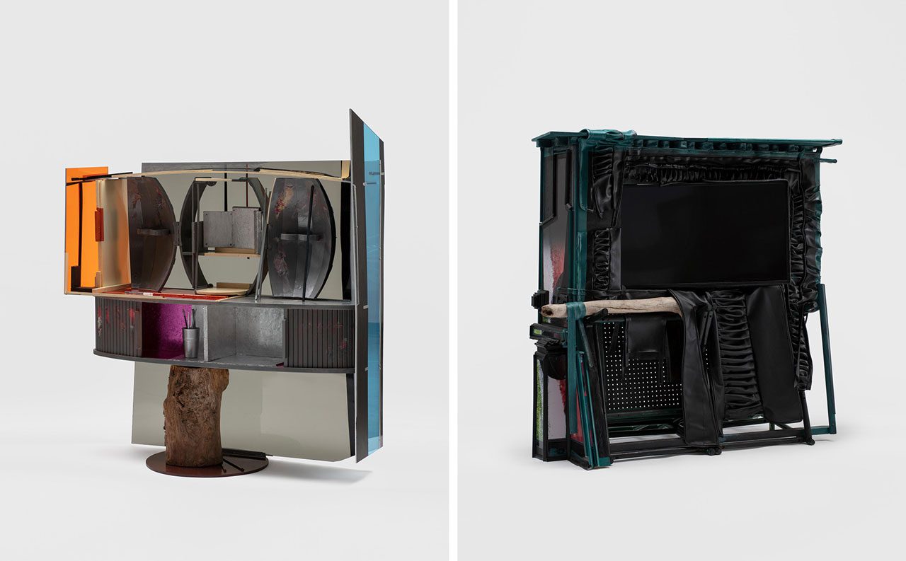 Left: Jessi Reaves, Rebuilding vanity, 2025. Courtesy the artist and Bridget Donahue, New York; photo: GC Photography Right: Jessi Reaves, Reflection in black plastic, 2025. Courtesy the artist and Bridget Donahue, New York; photo: GC Photography