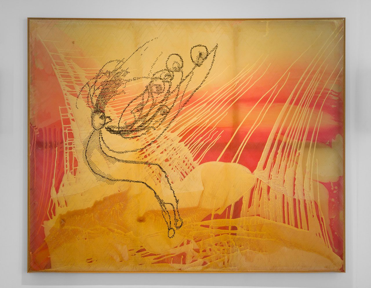 Sigmar Polke, Atemkristall (Breathing Crystal), 1997 Plastic seal, synthetic resin and gold leaf on polyester fabric, 280 × 350 cm , Speck Collection, Cologne, © The Estate of Sigmar Polke, Cologne / Adagp, Paris, 2025. Photo Frank Sperling