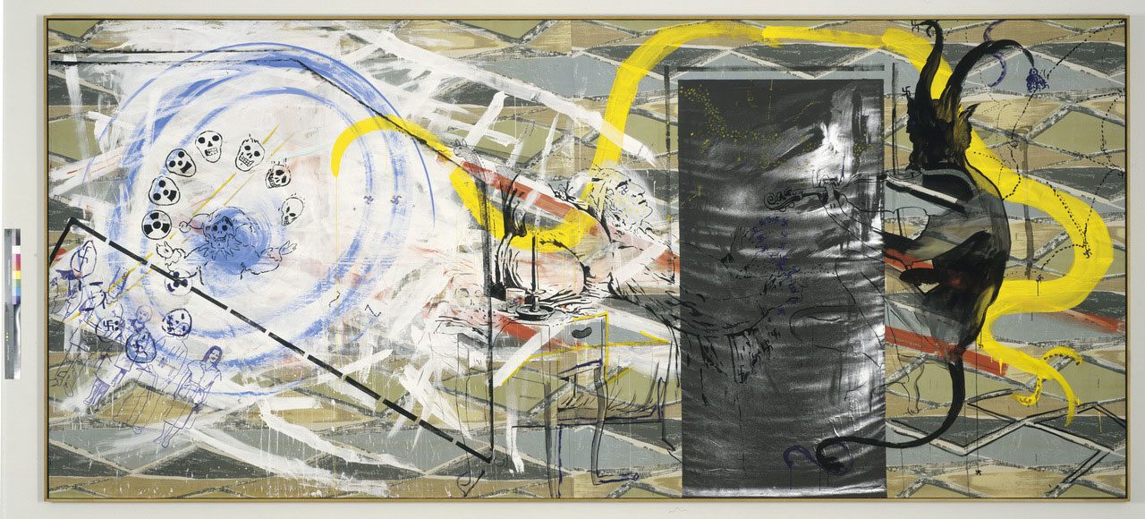 Sigmar Polke, Paganini, 1981-1983, Dispersion, aluminium paint and pencil on patterned fabric, 223 × 504 cm Private collection, © The Estate of Sigmar Polke, Cologne / Adagp, Paris, 2025The painting is exhibited from March 21