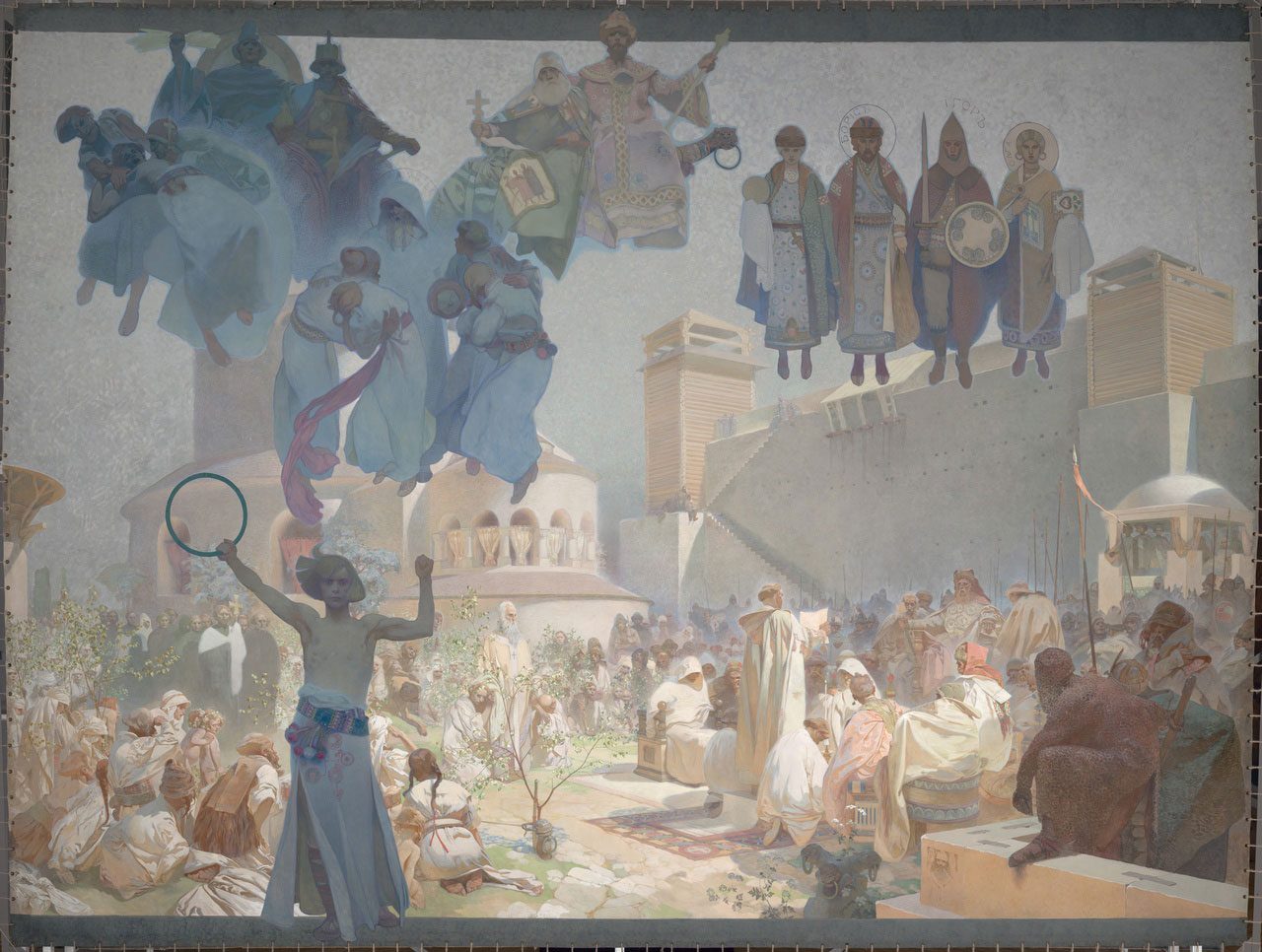 Alphonse Mucha, The Slav Epic III. The Introduction of the Slavonic Liturgy: Praise God in Your Mother Tongue (9th century AD), 1912, Reproduction of original painting: egg tempera and oil on canvas, 610 × 810 cm. Collection of the City Gallery Prague