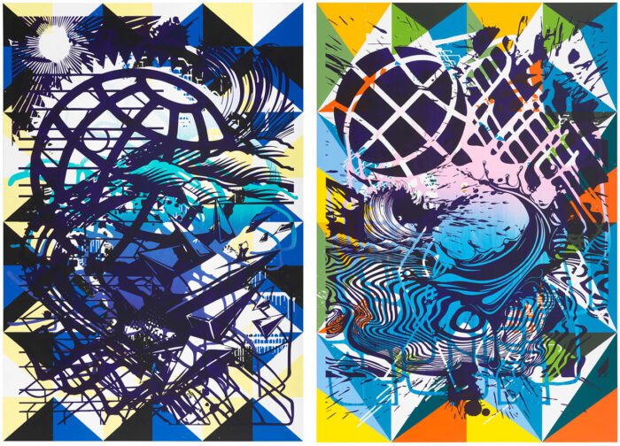 Left: Christine Streuli, Daily_news_03, 2025, Acrylic and varnish on canvas, 250 x 170 cm (98 ⅜ x 66 ⅞ in.), © Christine Streuli, Courtesy the artist and Galerie Peter Kilchman Right: Christine Streuli, Daily_news_04, 2025, Acrylic and varnish on canvas, 250 x 170 cm (98 ⅜ x 66 ⅞ in.), © Christine Streuli, Courtesy the artist and Galerie Peter Kilchman