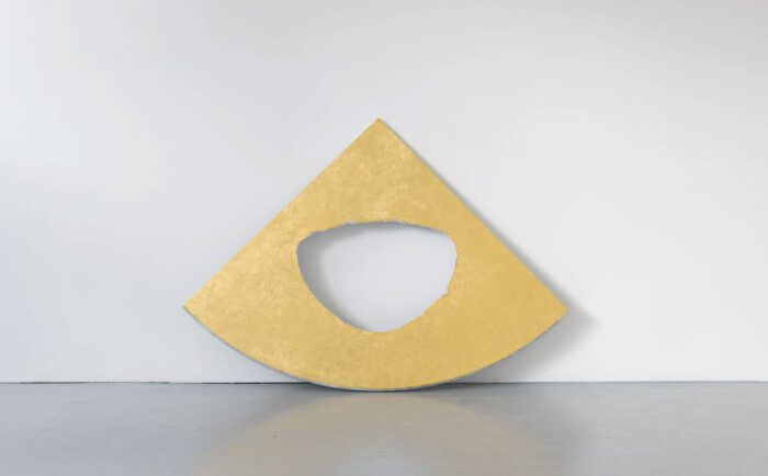 Jone Kvie, Marble Slant, 2023, Carrara marble and gold leaf, 120 x 120 x 4 cm, 47.24 x 47.24 x 1.57 in, Edition of 3 plus 1 AP, © Jone Kvie, Courtesy the artist and NILS STÆRK Gallery