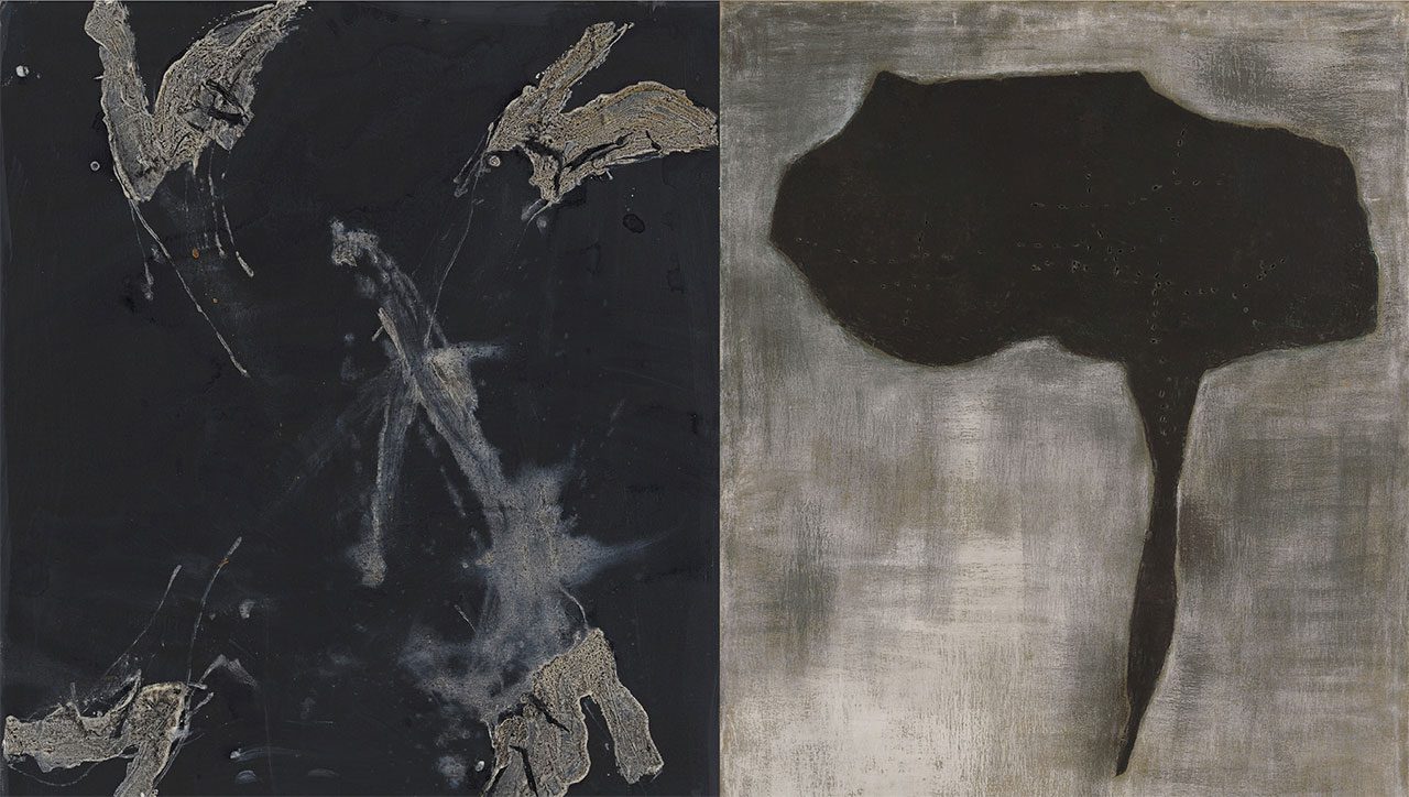 Left: Georg Baselitz, Aurora viene, 2015 (detail), Oil on canvas, 98 × 88 cm (38.58 × 34.65 in), © Georg Baselitz, Courtesy the artist and Thaddaeus Ropac Gallery Right: Lucio Fontana, Concetto spaziale, 1957, Pastel and collage on canvas with holes, 125 × 100 cm (49.21 × 39.37 in), © Fondazione Lucio Fontana, Courtesy F ondazione Lucio Fontana and Thaddaeus Ropac Gallery