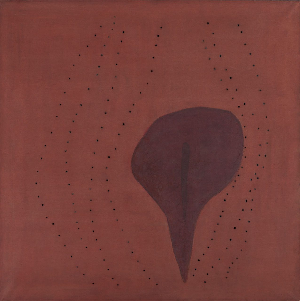 Lucio Fontana, Concetto spaziale, Forma, 1957, Aniline and collage on canvas with holes, 150 × 150 cm (59.06 × 59.06 in) ), © Fondazione Lucio Fontana, Courtesy F ondazione Lucio Fontana and Thaddaeus Ropac Gallery