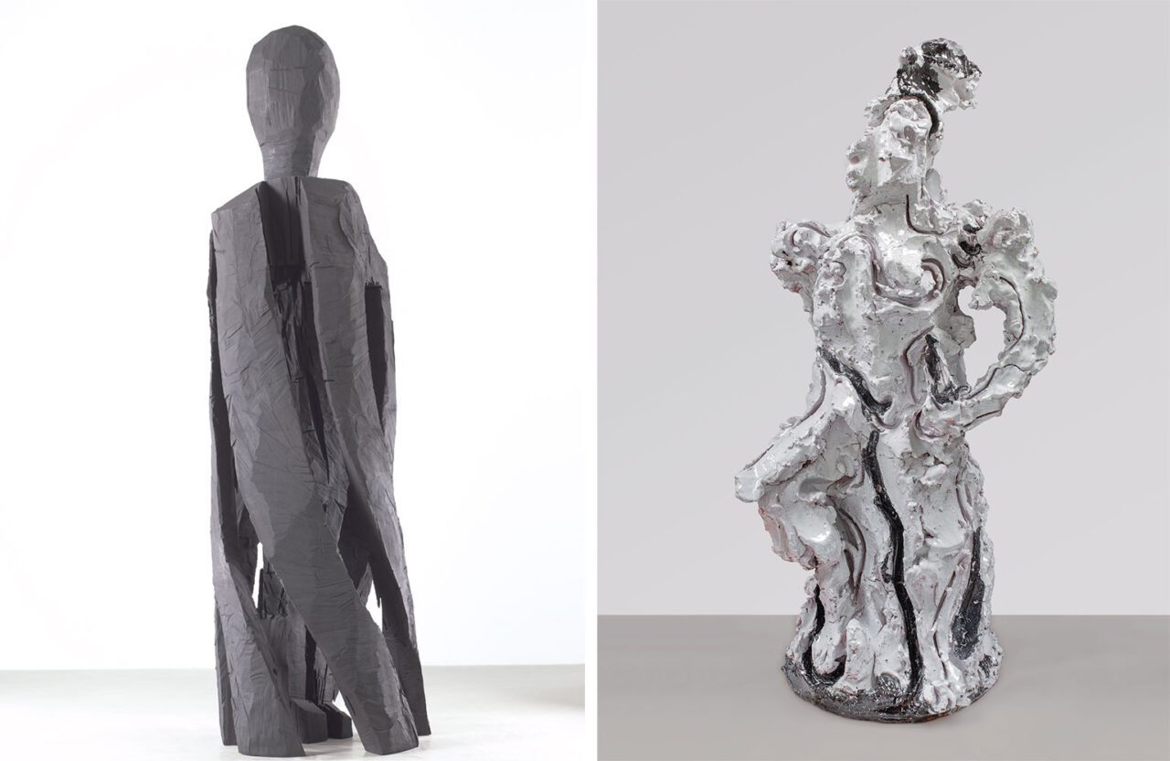 Left: Georg Baselitz, Cowboy, 2024, Bronze, 403 × 118 × 116 cm (158.66 x 46.46 × 45.67 in), © Georg Baselitz, Courtesy the artist and Thaddaeus Ropac Gallery Right: Lucio Fontana, Guerriero, 1953, Glazed ceramic, 105 × 66 × 50 cm (41.34 × 25.98 × 19.69 in), © Fondazione Lucio Fontana, Courtesy F ondazione Lucio Fontana and Thaddaeus Ropac Gallery