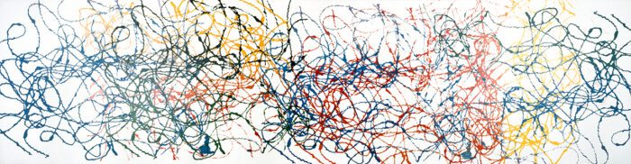 Andy Warhol, Yarn Painting, 1983, Acrylic and silkscreen ink on canvas, 137 x 523 cm. Kunsthalle Bielefeld, Bielefeld, Permanent loan of STAFF Stiftung Lemgo. © 2025 The Andy Warhol Foundation for the Visual Arts, Inc. / Licensed by VEGAP, Madrid, 2025