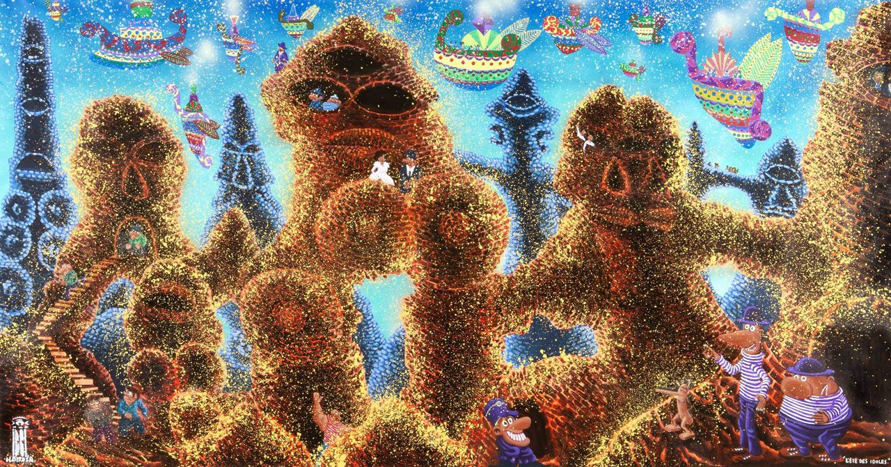 Hervé di Rosa, L’ÉTÉ DES IDOLES, 2025, Acrylic on canvas, 110 × 205 cm — 43 1/4 × 80 3/4 in, © Hervé di Rosa, Courtesy the artist and Templon Gallery