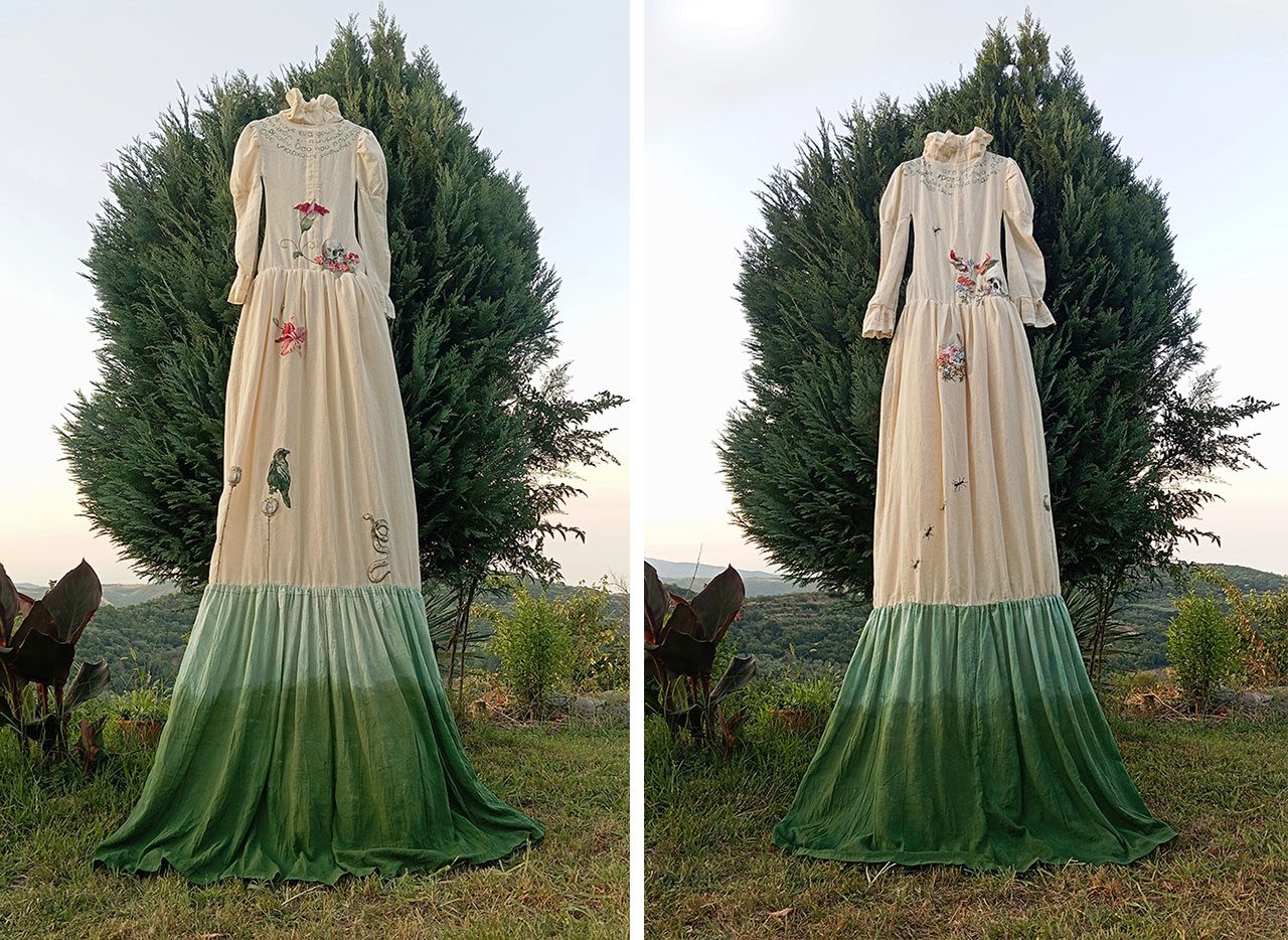 Ifigeneia Sdoukou, Flora in periculo est, 2025, Cotton fabric with hand embroidery. 300 x 70 cm, © Ifigeneia Sdoukou, Courtesy the artist 